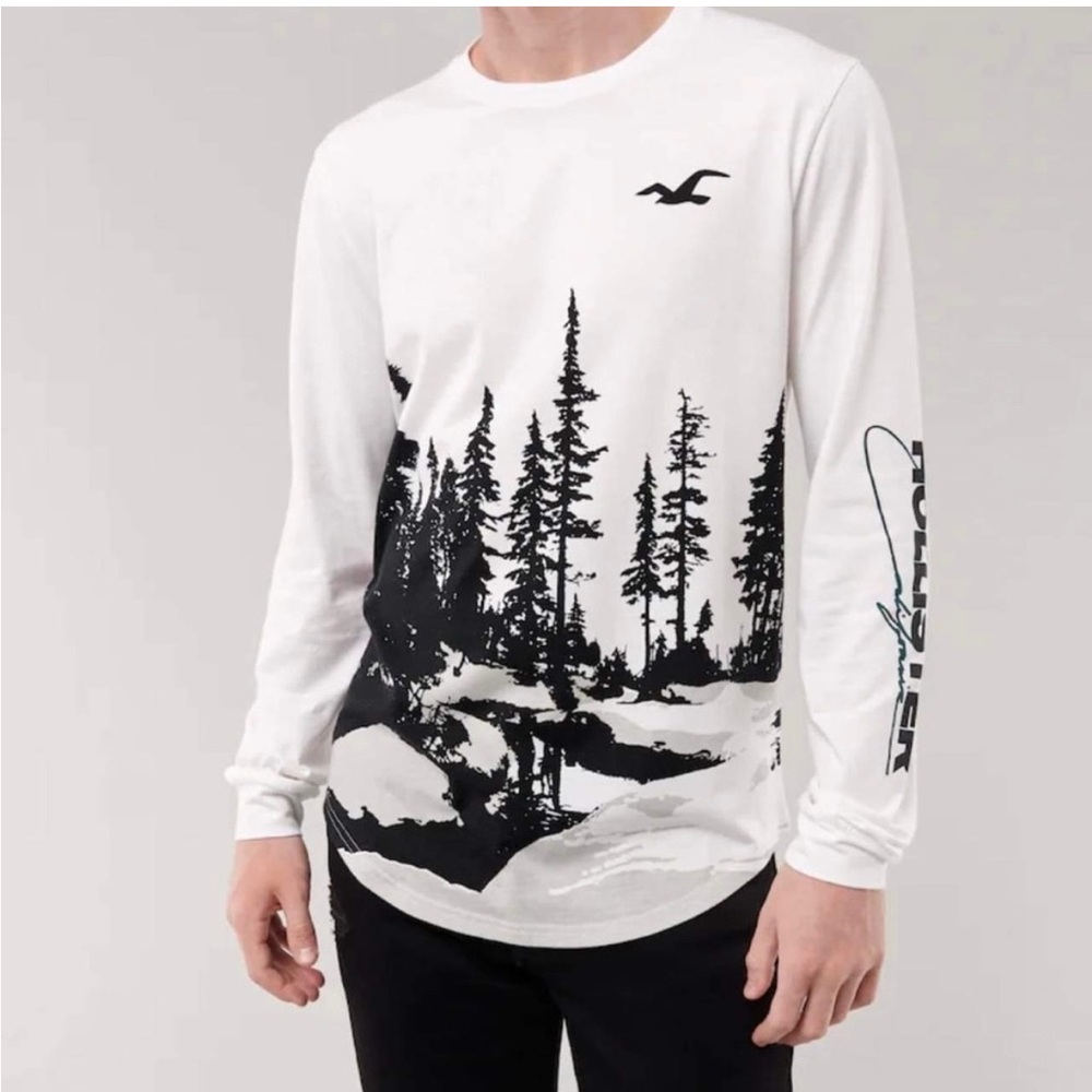 Hollister Curved Hem Long Sleeve Mountain Tree Detail T-Shirt‎ Size XS